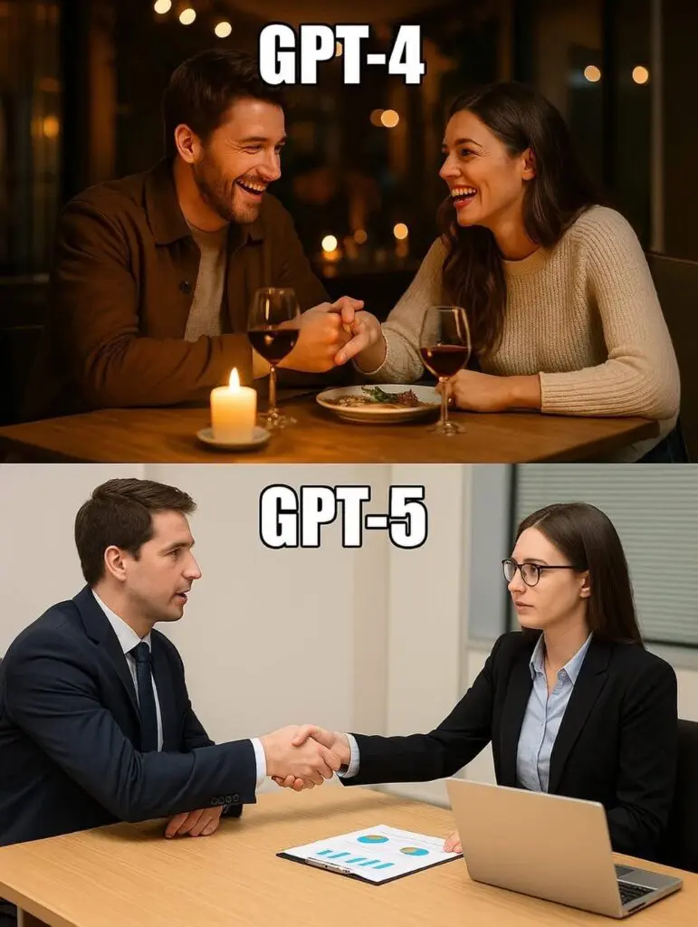 Illustration comparing GPT-4 casual dinner with friends to GPT-5 formal boardroom handshake