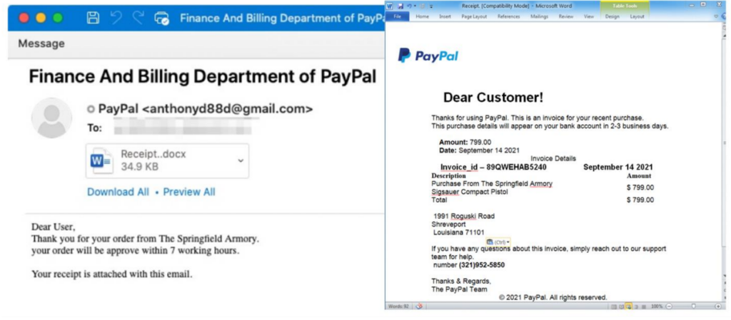 Social Engineering Example - TOAD lure spoofing PayPal