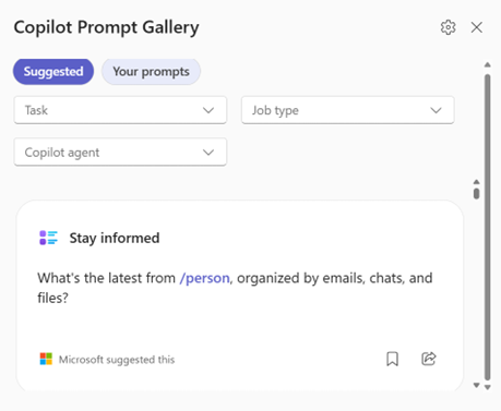 Screenshot of the Copilot prompt library with a saved prompt selected