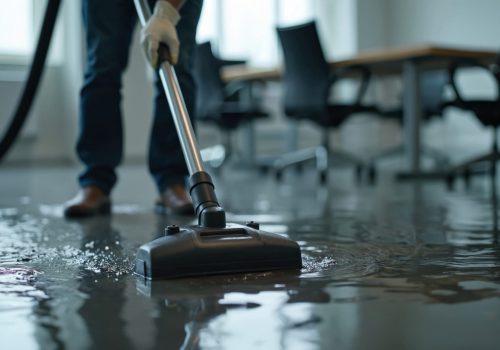Person uses vacuum cleaner to remove water from flooded office floor. Wet carpet cleanup after flood damage in modern workplace. Emergency restoration service dries, building interior.